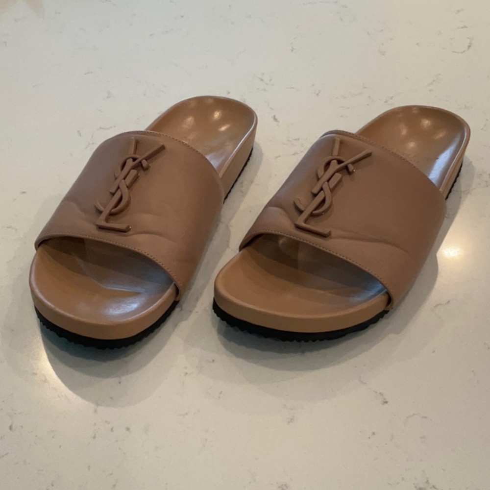 YSL Tan Slide Sandals